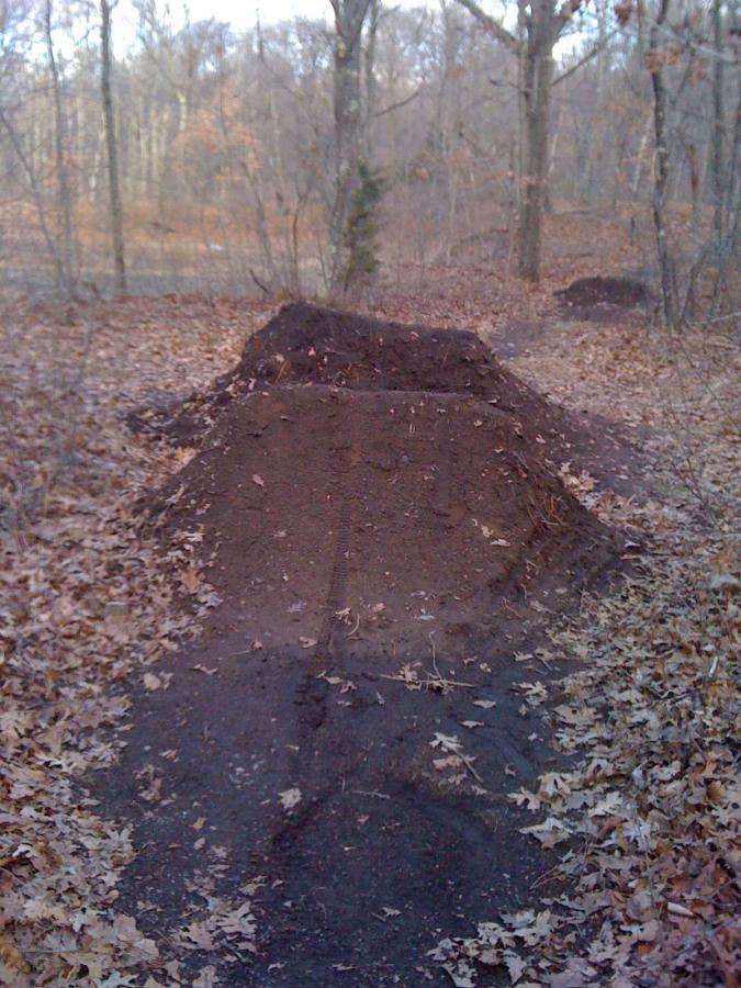 Two dirt jumps or mounds are visible along a trail in a wooded area, surrounded by fallen leaves. The scene is set in autumn, with bare trees in the background and a clear path connecting the jumps. Belmont Conservation mountain bike trail.