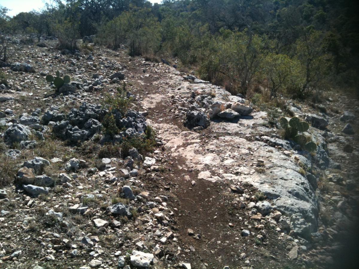 A rocky trail winding through a dry landscape featuring scattered boulders and sparse vegetation, including cacti and low shrubs. Sunlight shines on the terrain, highlighting the rugged terrain. Flat Rock Ranch mountain bike trail.