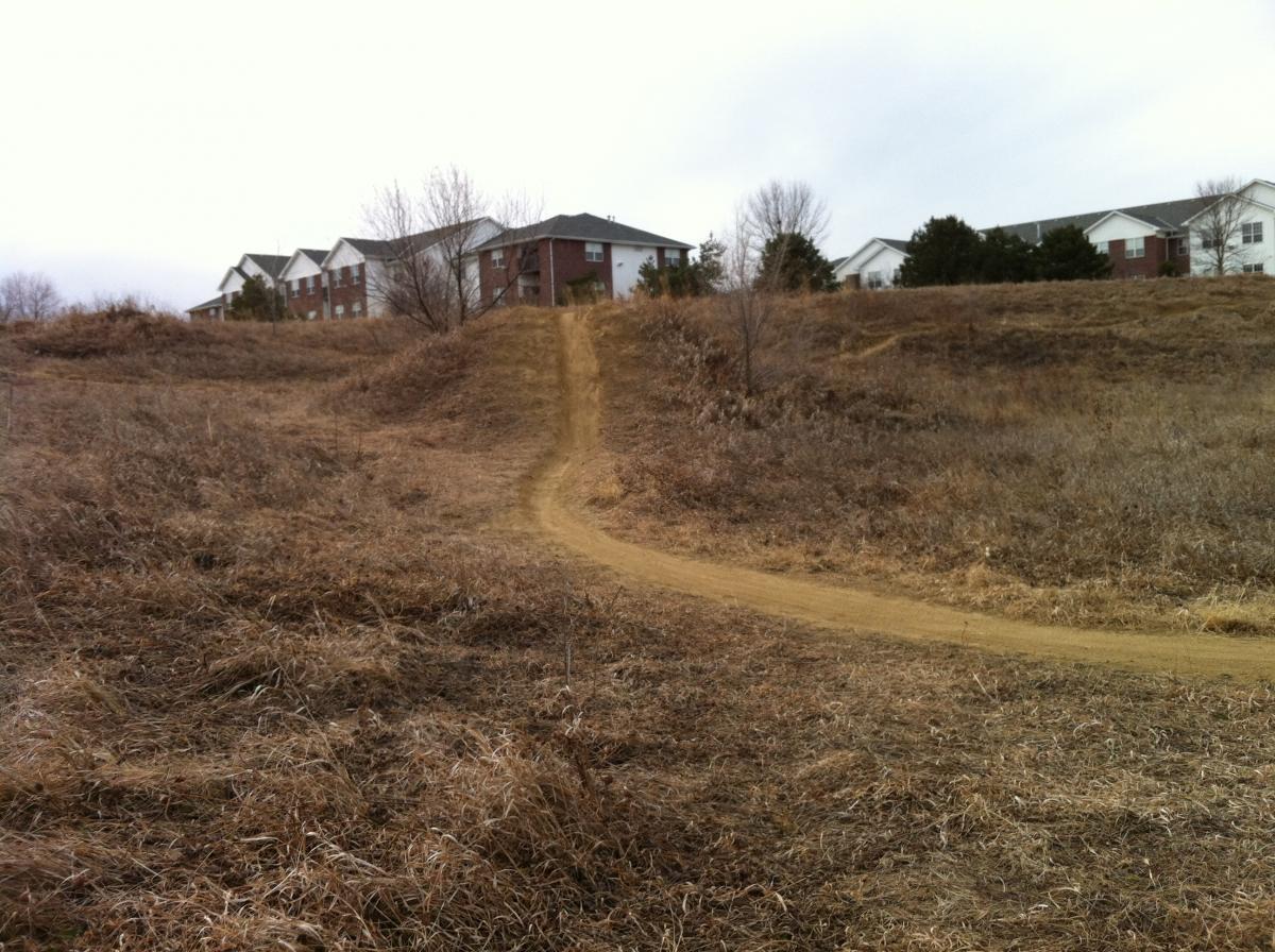 A dirt path winding through dry grassland, leading up a slight hill towards residential buildings in the background under an overcast sky. Tranquility mountain bike trail.
