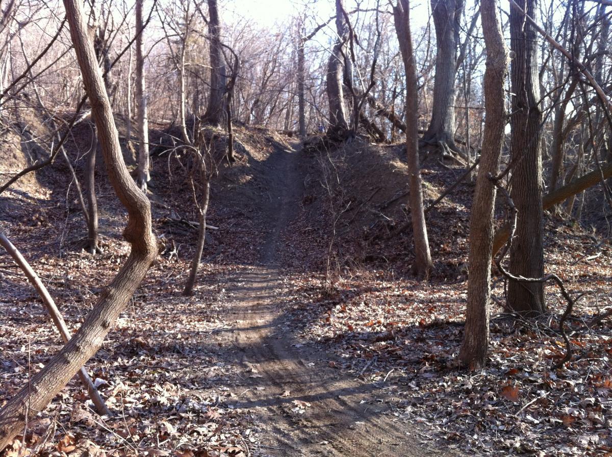 A dirt path winding through a wooded area, surrounded by bare trees and scattered leaves on the ground. The path leads to a small incline in the distance, suggesting a natural trail in an outdoor setting. Lewis And Clark Monument mountain bike trail.