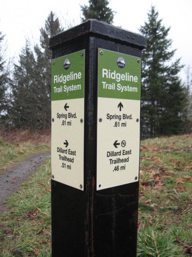A close-up of a trail sign for the Ridgeline Trail System, indicating distances to Spring Blvd (0.61 miles) and Dillard East Trailhead (0.46 miles). The sign is situated in a grassy area with trees in the background, and the ground appears wet, suggesting recent rain. Ridgeline Trail mountain bike trail.