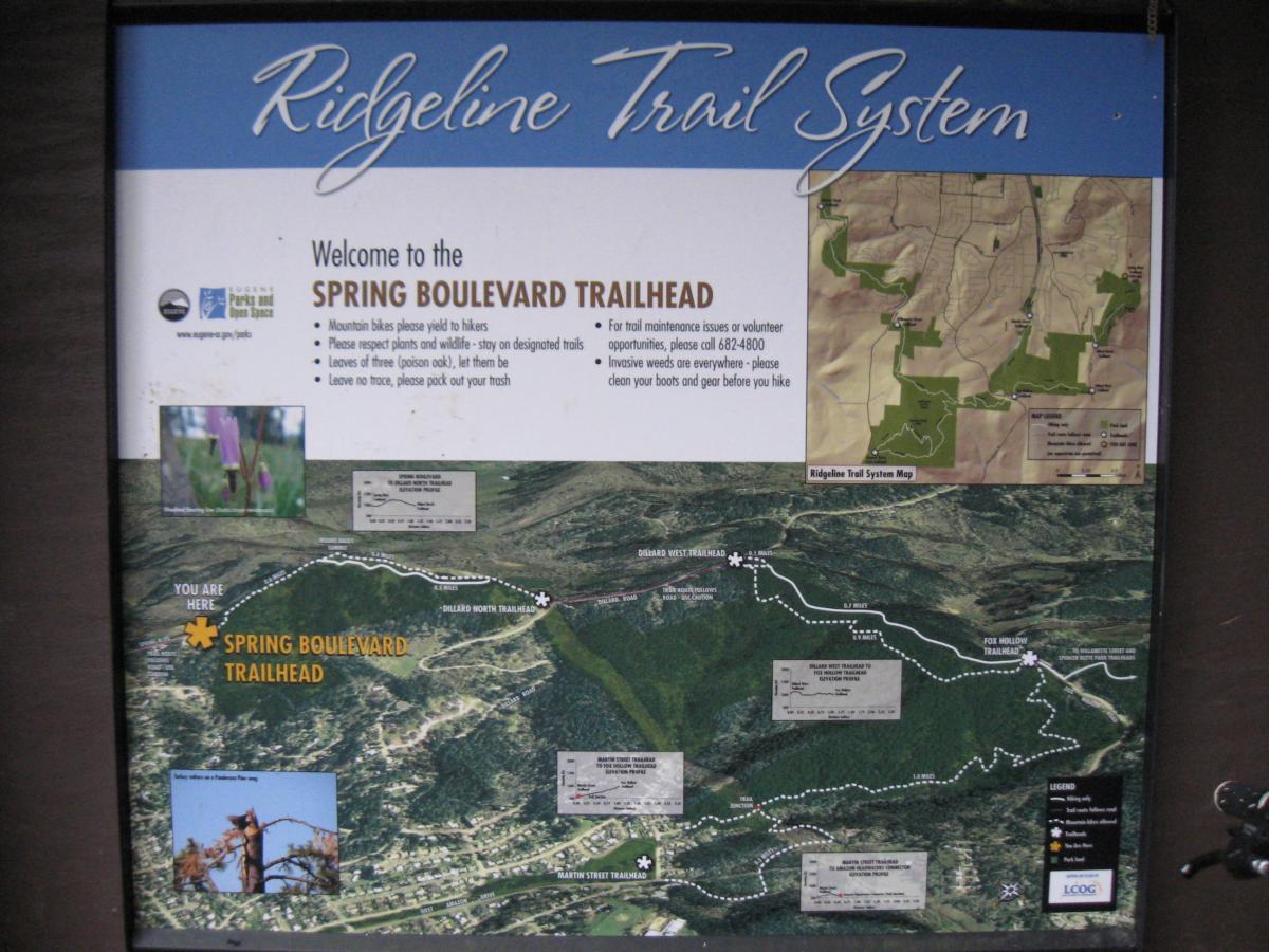 Alt text: A sign for the Ridgeline Trail System, featuring a map of the Spring Boulevard Trailhead. The sign includes information on trail rules, guidelines for respecting wildlife, and a detailed layout of nearby trails and landmarks. Ridgeline Trail mountain bike trail.