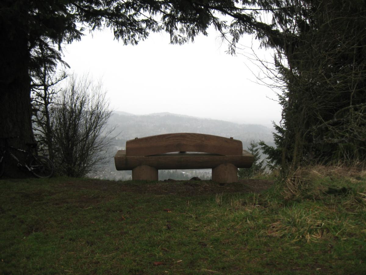 A wooden bench situated in a grassy area surrounded by trees, with a misty landscape in the background. The scene conveys a tranquil outdoor setting, ideal for reflection or relaxation. Ridgeline Trail mountain bike trail.