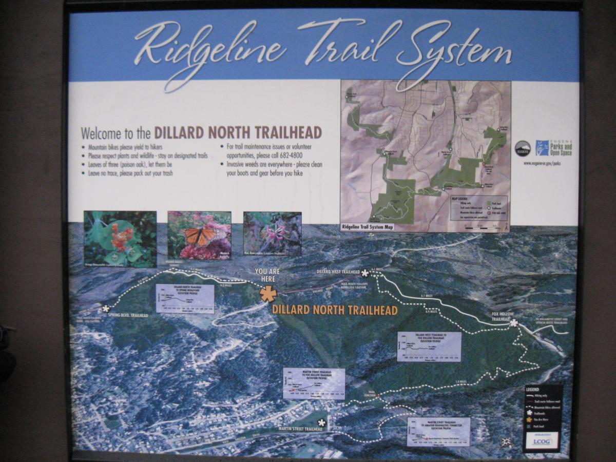 Image of a sign for the Ridgeline Trail System, featuring a welcome message for the Dillard North Trailhead. The sign includes guidelines for trail use, such as respecting wildlife, adhering to trail paths, and proper waste disposal. A map showing the trail network is included, highlighting the location of the Dillard North Trailhead and nearby points of interest. Illustrations of plants and butterflies are also featured on the sign. Ridgeline Trail mountain bike trail.