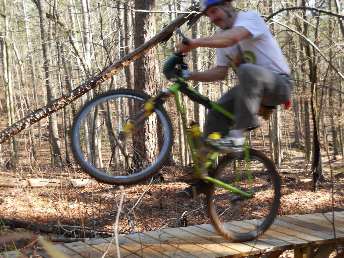 A mountain biker performing a jump off a wooden bridge on a forest trail, surrounded by trees and fallen leaves, with a focus on the bike's movement and the rider's dynamic pose. Lakeside Trail mountain bike trail.