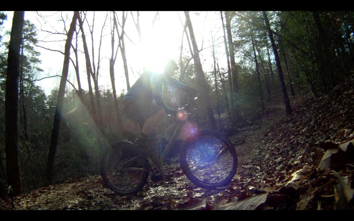 A mountain biker rides along a leaf-strewn trail in a forest, with sunlight shining through the trees, creating a lens flare effect. The scene captures the dynamic movement of biking amidst nature. Jake Mountain Trails mountain bike trail.