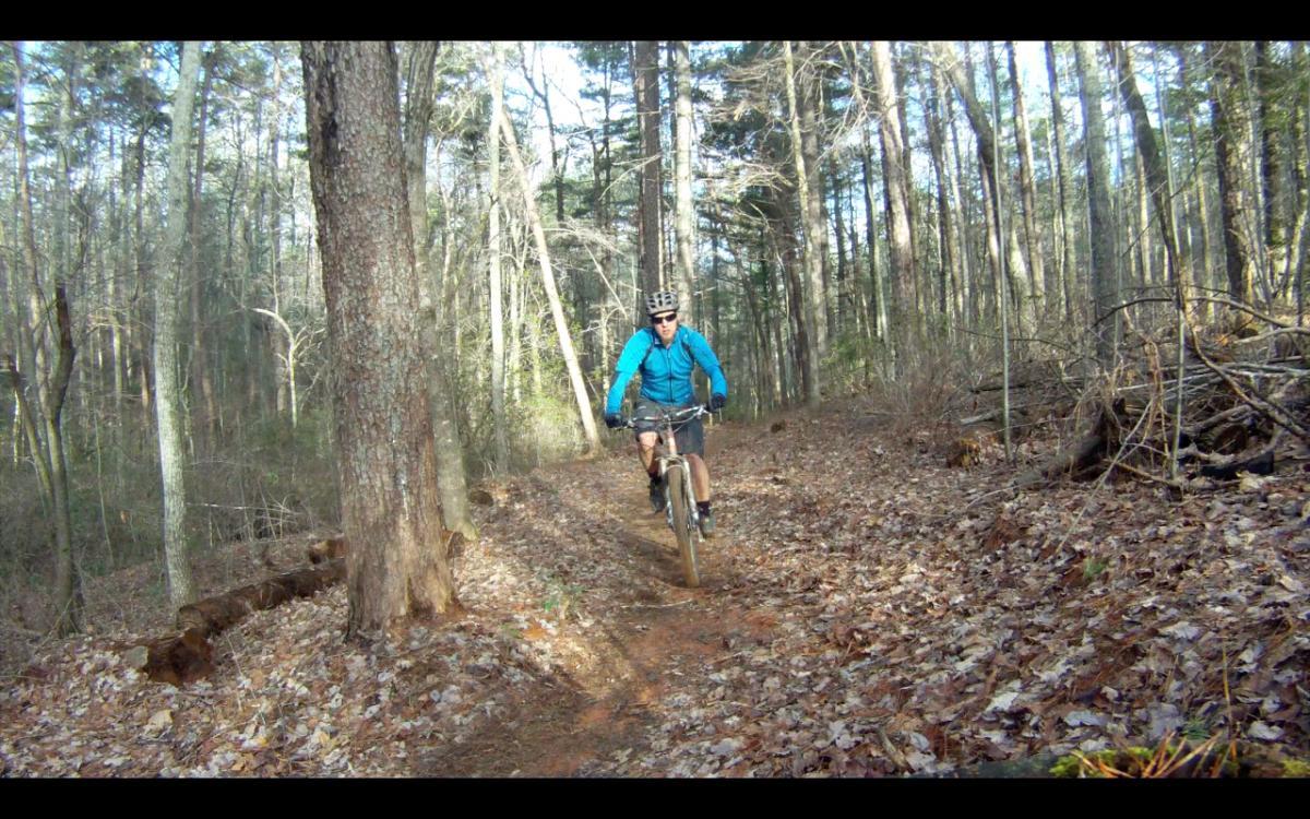 A mountain biker wearing a blue jacket and helmet rides along a dirt trail in a wooded area, surrounded by tall trees and scattered leaves on the ground. Jake Mountain Trails mountain bike trail.