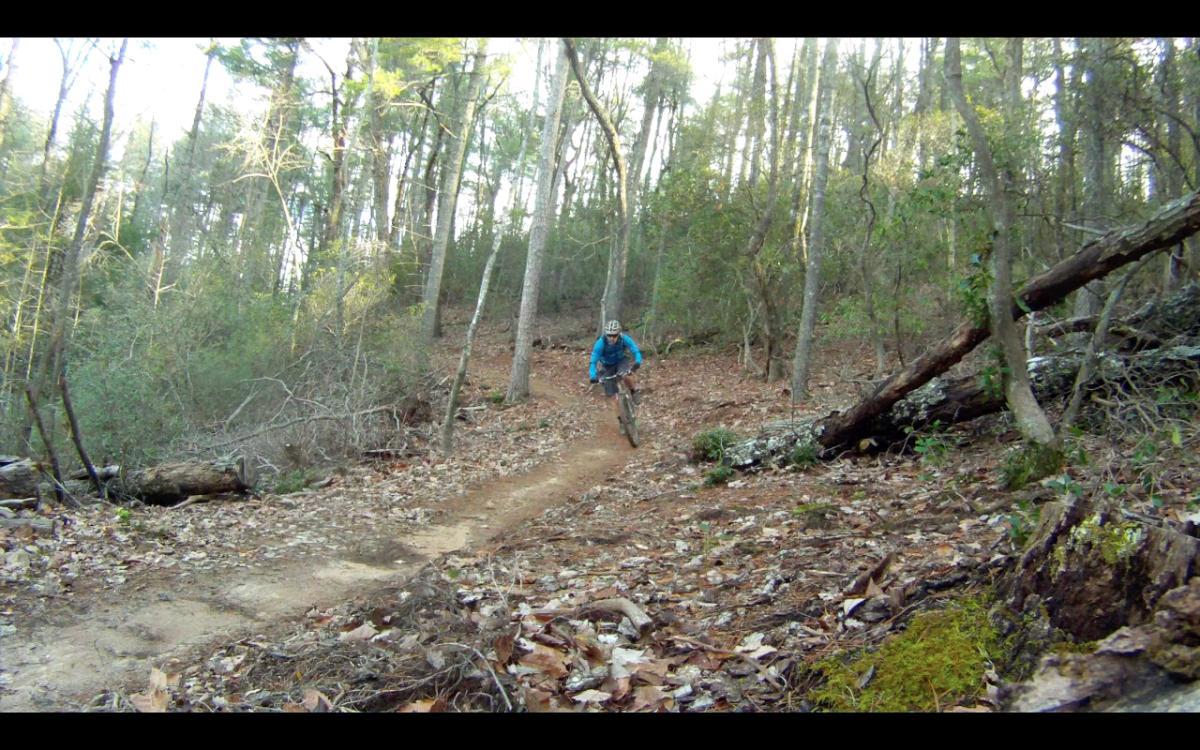 A mountain biker in a blue jacket navigates a winding dirt trail through a wooded area, surrounded by trees and scattered leaves on the ground. Jake Mountain Trails mountain bike trail.