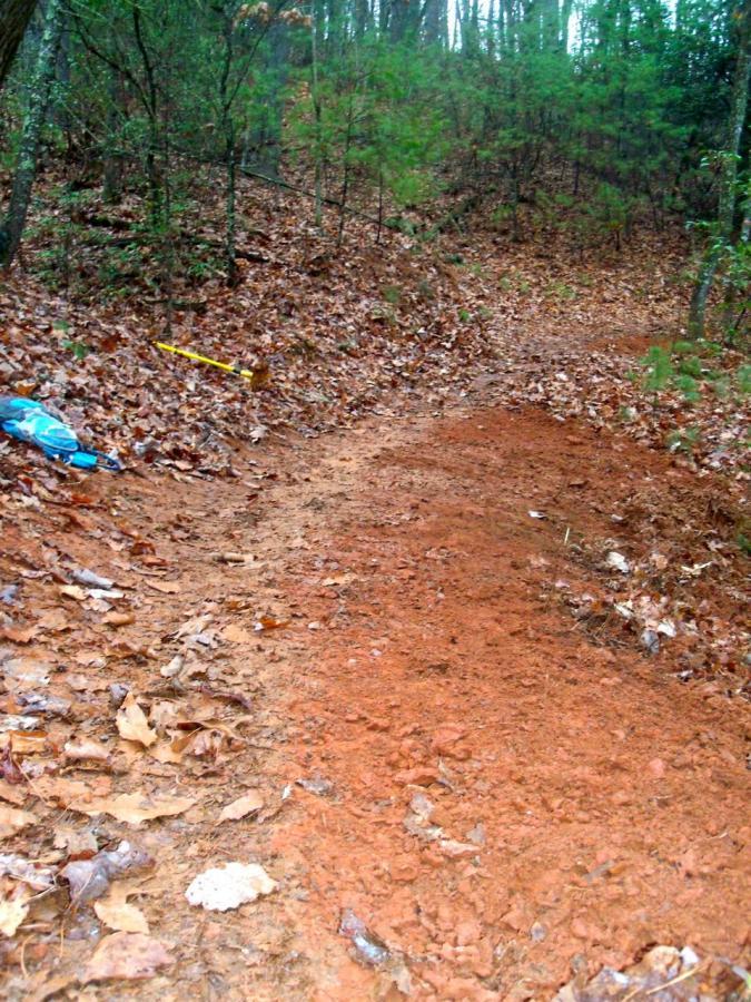 A dirt trail winding through a wooded area, covered with fallen leaves. Sparse vegetation is visible on both sides of the path, and a yellow object is partially visible on the left side of the image. Jake to Bull Mountain Connecter mountain bike trail.