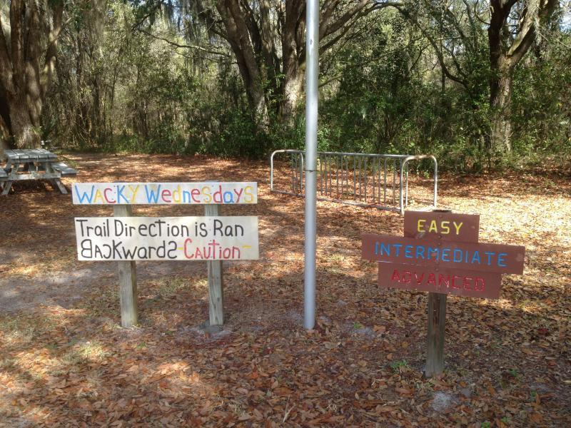 A wooded area featuring signs for a trail. One sign reads "WACKY Wednesdays" with colorful letters, while another warns "Trail Direction is Ran BACKwards" followed by "Caution." On the right, a sign lists difficulty levels: "EASY," "INTERMEDIATE," and "ADVANCED." Picnic tables are visible in the background, with fallen leaves covering the ground. Loyce E. Harpe Park mountain bike trail.