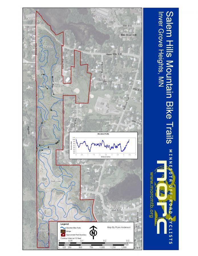 Map of the Salem Hills Mountain Bike Trails in Inver Grove Heights, MN, showing various bike trails marked in blue and red. The map includes a legend and an elevation profile graph, with surrounding streets and landmarks labeled for orientation. Salem Hills Mountain Bike Trail mountain bike trail.