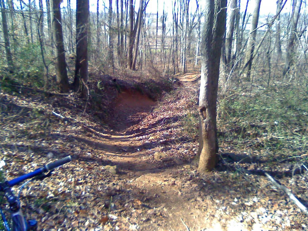 A dirt trail winding through a forested area, with trees lining both sides and leaves scattered on the ground. The path is slightly rugged and descends into a small gully, suggesting a natural biking or hiking route. A portion of a bicycle handlebar is visible in the foreground. Hobby Park mountain bike trail.