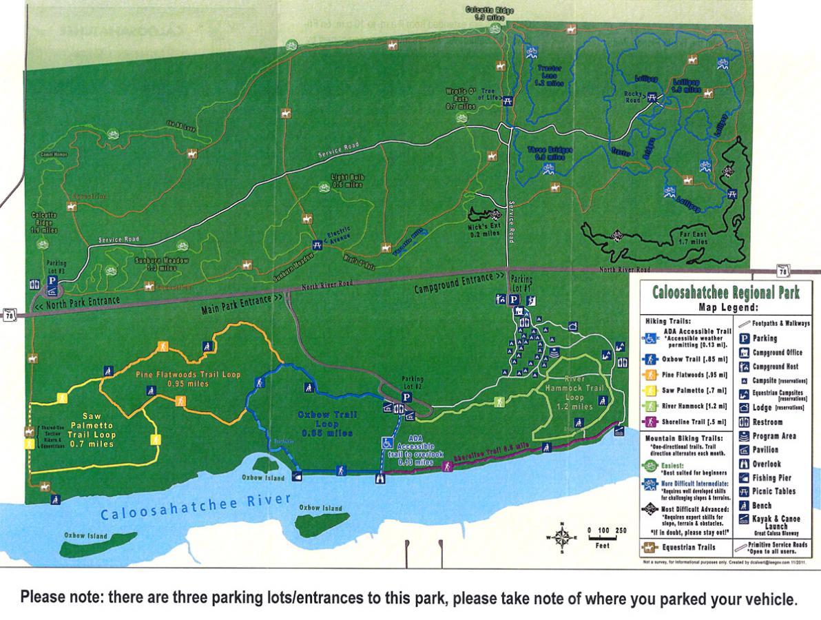 Map of Caloosahatchee Regional Park, showing hiking and biking trails, parking areas, and park entrances. Includes details on trail lengths and key facilities, with a legend for navigation. Caloosahatchee Regional Park mountain bike trail.