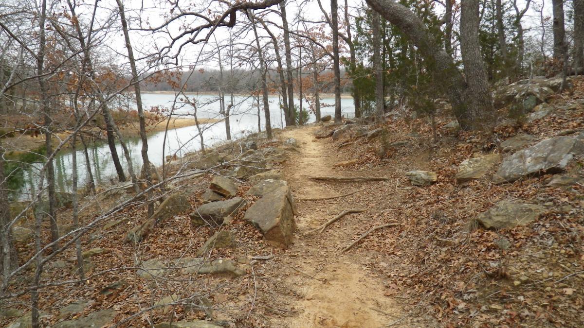 A winding dirt path lined with rocks and fallen leaves, set within a wooded area alongside a calm body of water. The trees are bare, indicating early spring or late fall, and the landscape features a mix of dry foliage and patches of green near the water's edge. Lake Murray State Park mountain bike trail.