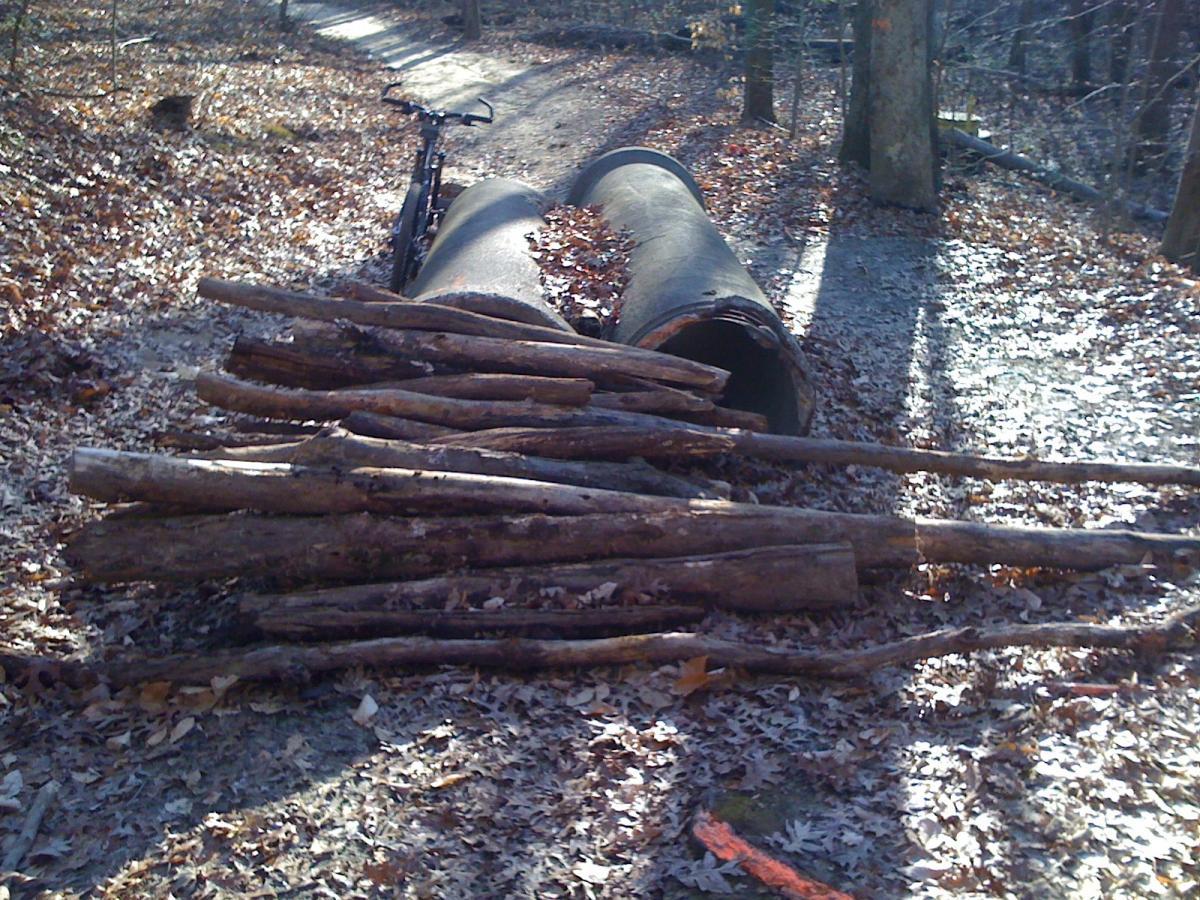 Two large black pipes are laid on the ground, surrounded by a pile of wooden logs, on a leaf-covered forest path. A bicycle is partially visible nearby, and the scene is illuminated by soft natural light filtering through the trees. Odenton Park mountain bike trail.