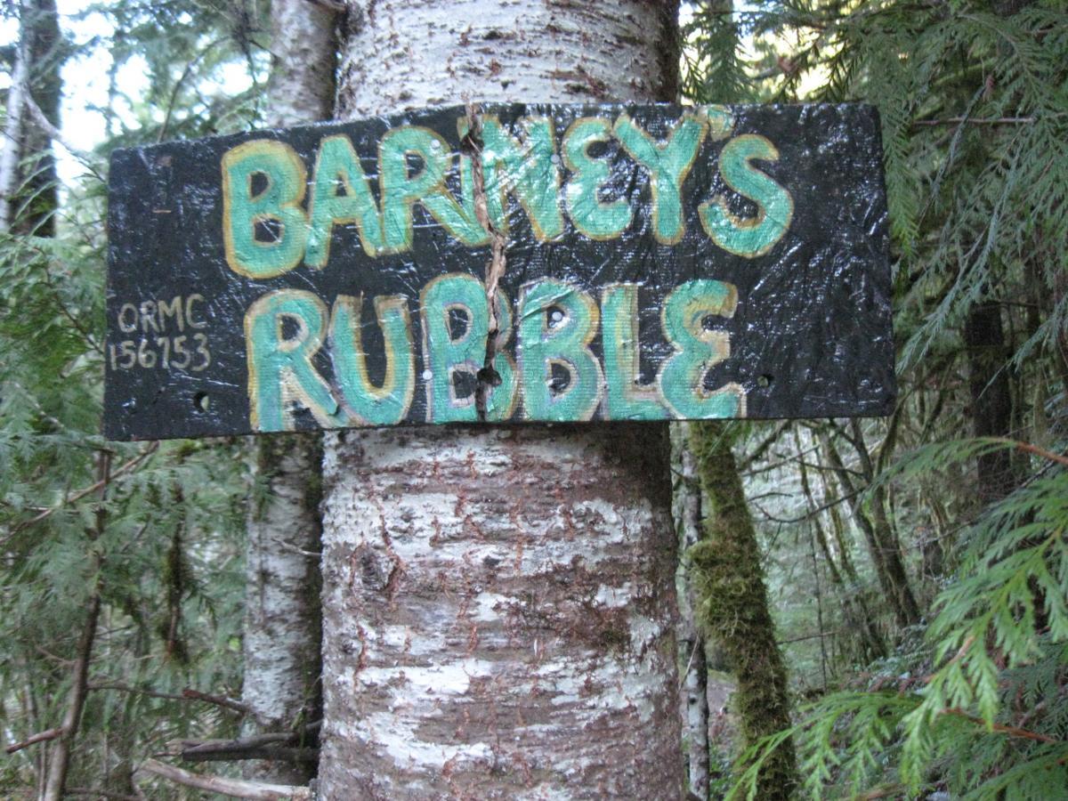 A wooden sign labeled "BARNEY'S RUBBLE" painted in green and yellow letters, mounted on a tree trunk in a forested setting. The background features dense green foliage and other trees, creating a natural, outdoor atmosphere. Brice Creek mountain bike trail.