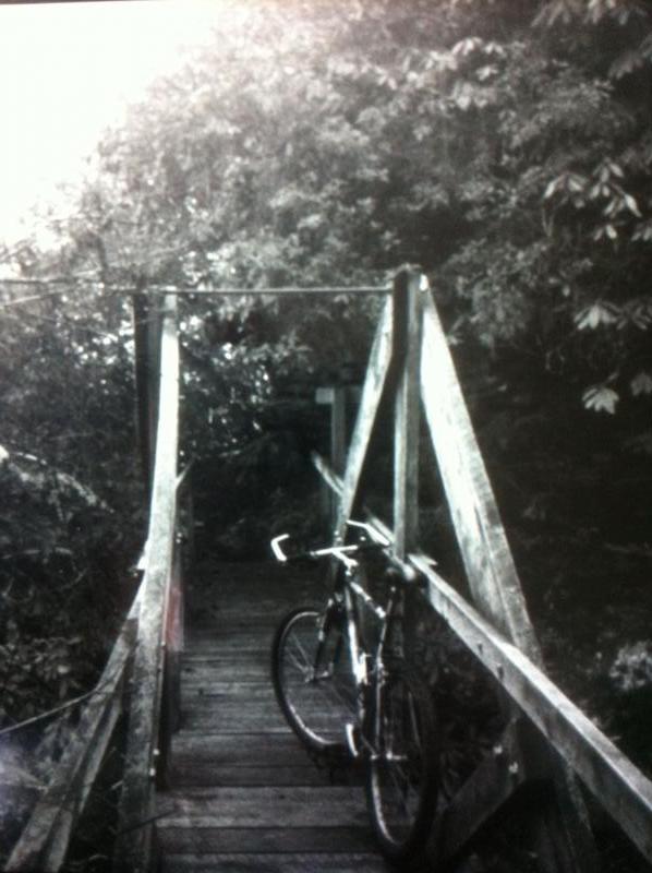 A wooden bridge surrounded by dense greenery, with a bicycle resting against the railing. The image is in black and white, creating a serene and tranquil atmosphere. Cane Creek (sheltowee Trace Trail) mountain bike trail.