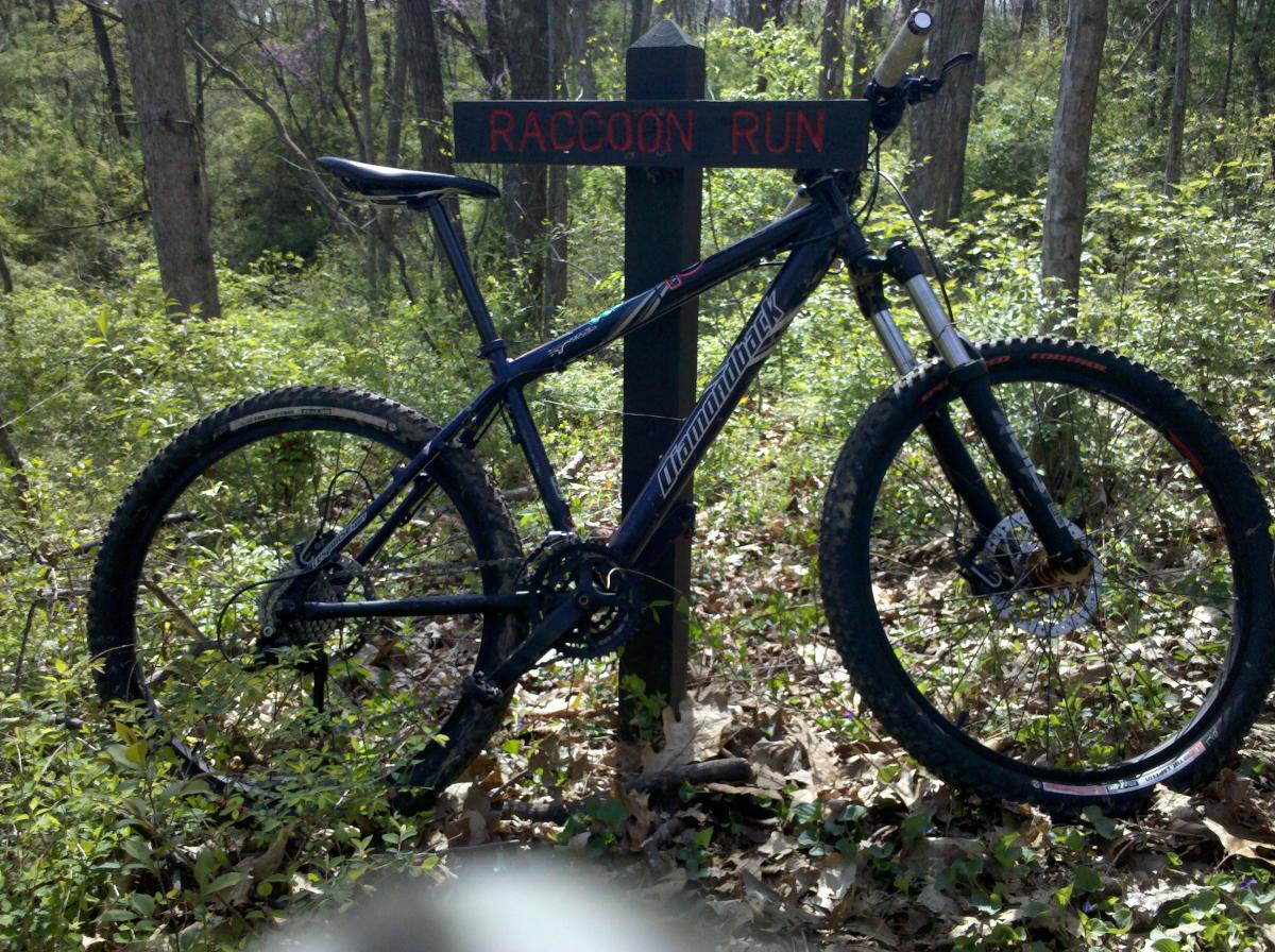 A mountain bike parked next to a trail sign labeled "Raccoon Run," surrounded by trees and green underbrush in a wooded area. Sugar Hollow Park mountain bike trail.