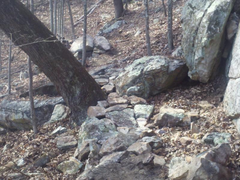 A rocky forest path winding through trees, with various sizes of stones and boulders lining the trail, surrounded by dry leaves and bare branches. Windrock Bike Park mountain bike trail.