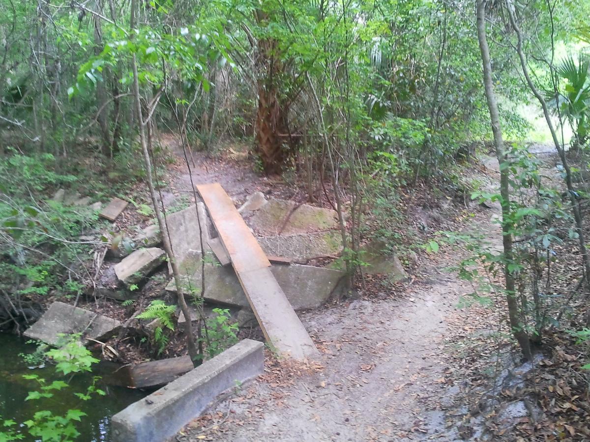 A narrow, winding dirt path through a dense, green forest area, with visible underbrush and trees. A makeshift bridge made of a wooden plank spans over a small waterway, supported by concrete blocks and debris on either side. Soldier Creek Park mountain bike trail.