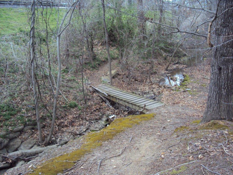 A wooden footbridge crossing a small creek in a wooded area, surrounded by bare trees and patches of grass and leaves on the ground. The scene captures the tranquility of nature in early spring, with hints of moss and nearby rocky terrain. Lake Maury mountain bike trail.