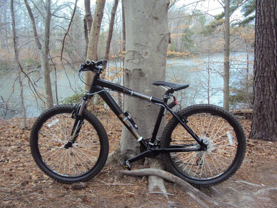 A black mountain bike leaning against a tree in a wooded area, with a lake visible in the background. The ground is covered with fallen leaves, and the trees are bare, indicating early spring or late fall. Lake Maury mountain bike trail.