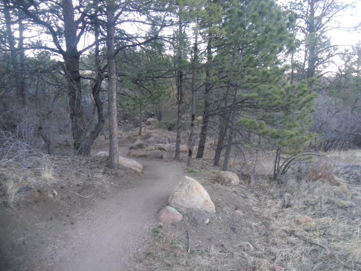 A winding dirt trail through a forest with sparse vegetation, surrounded by trees and scattered rocks. The path curves gently to the right and is bordered by dry grass and small shrubs. Stratton Open Space / The Chutes mountain bike trail.