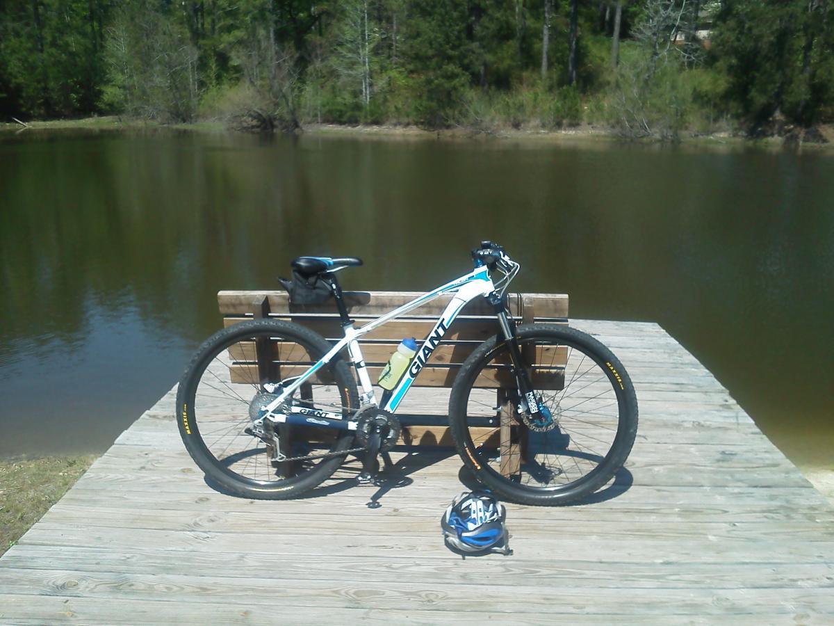 A mountain bike with a water bottle attached rests on a wooden dock by a tranquil pond, surrounded by greenery. A blue and white helmet lies nearby, and a bench is visible in the background. The scene is illuminated by sunlight, reflecting a peaceful outdoor atmosphere. Children's Home / Pig Trail mountain bike trail.