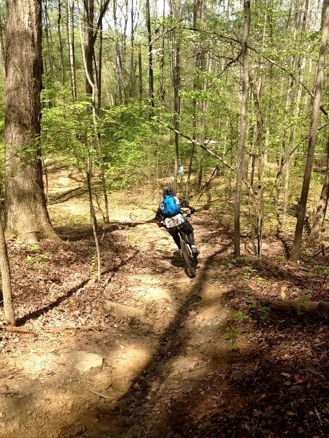 A person riding a mountain bike down a narrow dirt trail surrounded by trees and greenery in a wooded area. The cyclist is wearing a blue backpack and is positioned in mid-action, navigating through the trail with sunlight filtering through the leaves. Big Creek mountain bike trail.