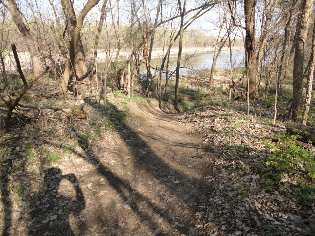 A winding dirt path surrounded by trees and underbrush, with shadows cast on the ground. In the background, a river is visible, partially obscured by foliage. Sycamore Trail mountain bike trail.