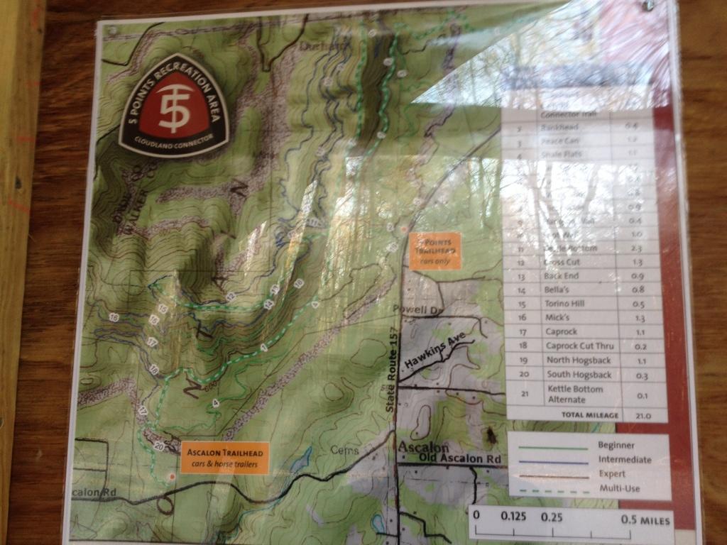 Map of the 5 Points Recreation Area showing trails and routes, including the Ascalon Trailhead. The map displays various trails for different skill levels (beginner, intermediate, expert, and multi-use), along with distances for each trail segment and notable landmarks. Key features include a detailed topographic layout, trail names, and a mileage chart on the right side. Five Points mountain bike trail.