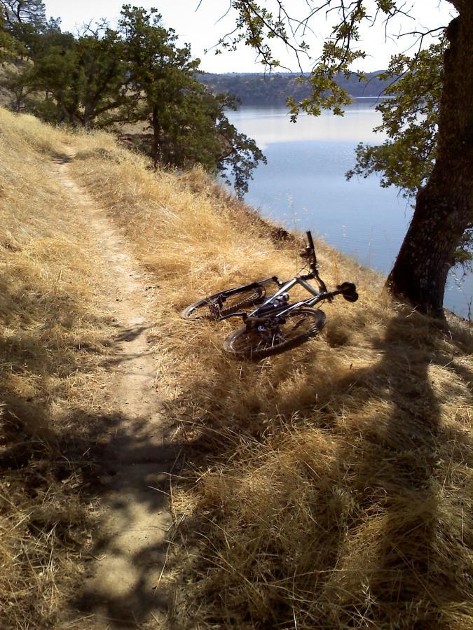 A mountain bike rests on the side of a dirt path, surrounded by dry grass and trees near a calm lake. The scene captures a serene outdoor setting, highlighting the natural landscape. Glory Hole mountain bike trail.