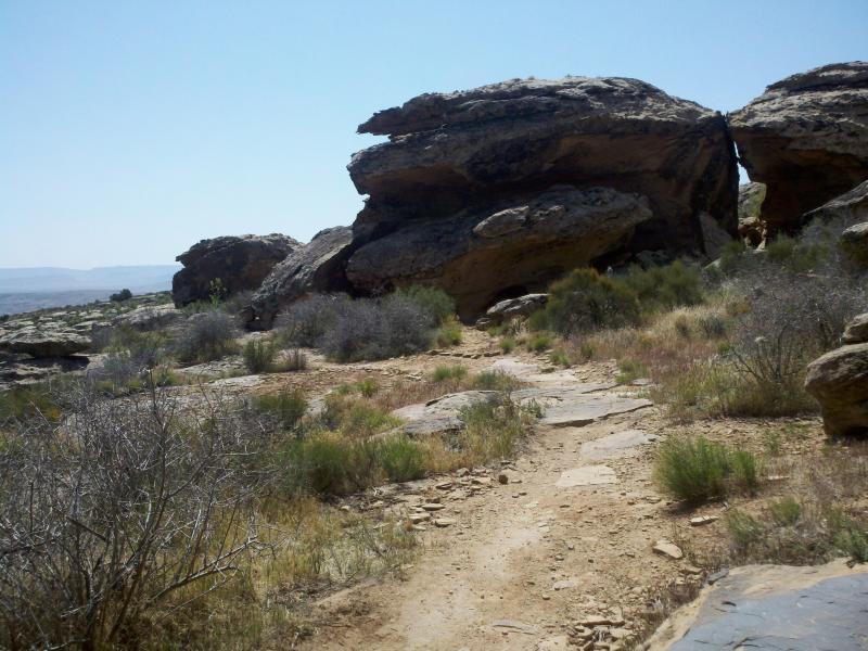 A rocky landscape featuring large boulders to the left and right, with a dirt path winding through sparse vegetation and shrubs under a clear blue sky. The terrain appears rugged and natural, suggesting an outdoor hiking area. Zen Trail mountain bike trail.