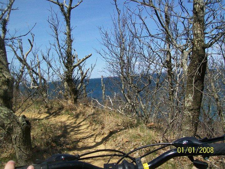 A view from a mountain bike on a narrow trail leading to a picturesque ocean scene, framed by bare trees and a clear blue sky. The foreground shows part of the bike handlebars, suggesting an adventurous cycling experience. Hither Woods mountain bike trail.