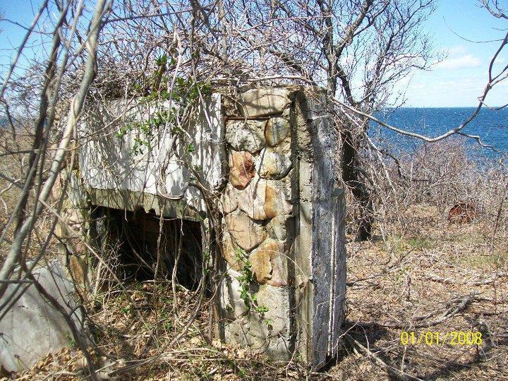 An overgrown, weathered stone structure partially hidden by vegetation, with a view of the ocean in the background. The area appears abandoned and wild, showcasing nature reclaiming the space. Hither Woods mountain bike trail.