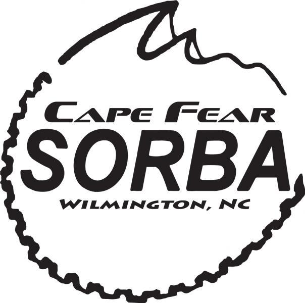 Logo of Cape Fear SORBA, a mountain biking organization in Wilmington, NC, featuring stylized text and a circular design with a mountain outline.