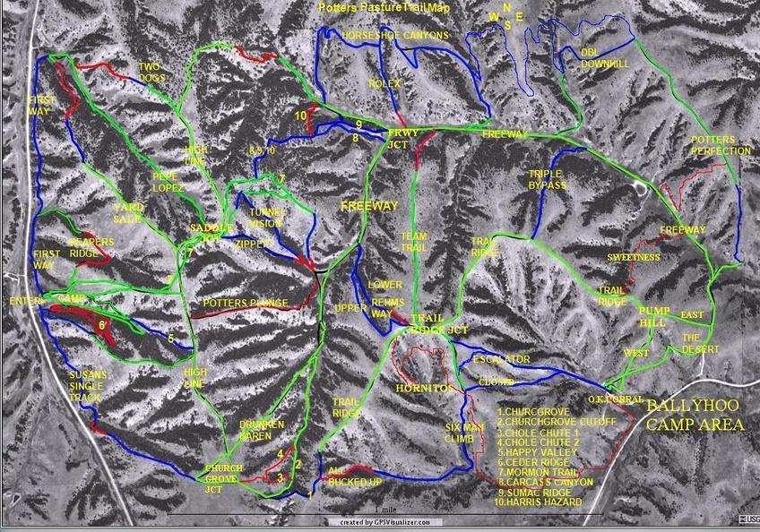 Map of Potters Pasture Trail System, with various trails indicated in different colors (red, blue, and green) and numbered points of interest. The map includes labels for trails, junctions, and camp areas, as well as elevation changes and terrain features. The compass rose is located in the upper right corner, indicating north. Potters Pastures mountain bike trail.