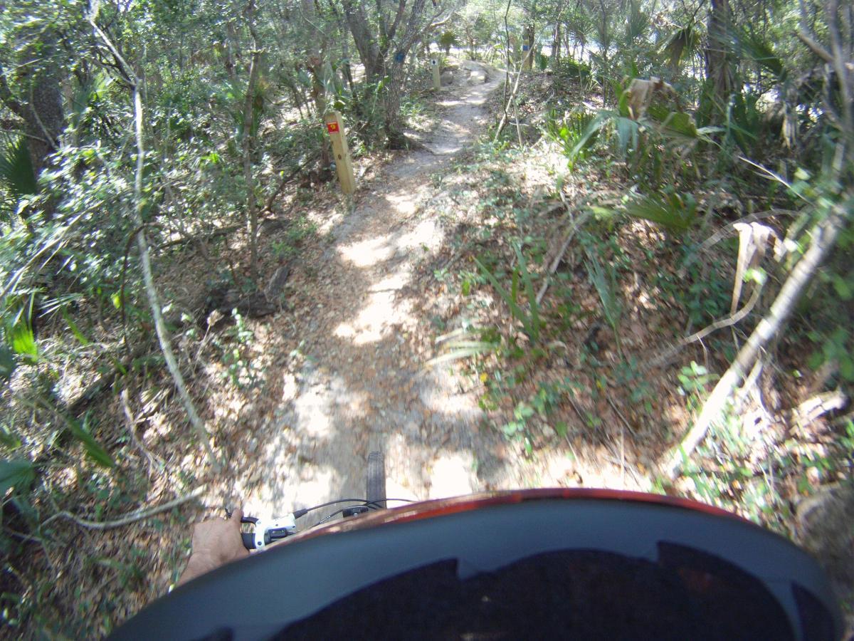 A view from a mountain bike traveling along a dirt trail surrounded by dense greenery, with a trail marker visible in the background. The perspective shows a person's hand gripping the bike's handlebars, indicating an active riding experience. Mala Compra mountain bike trail.