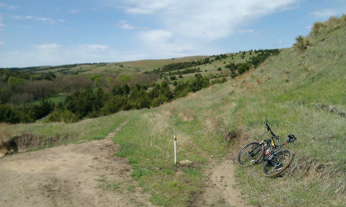 A mountain bike resting on a path surrounded by rolling green hills and sparse trees under a partly cloudy sky. Potters Pastures mountain bike trail.