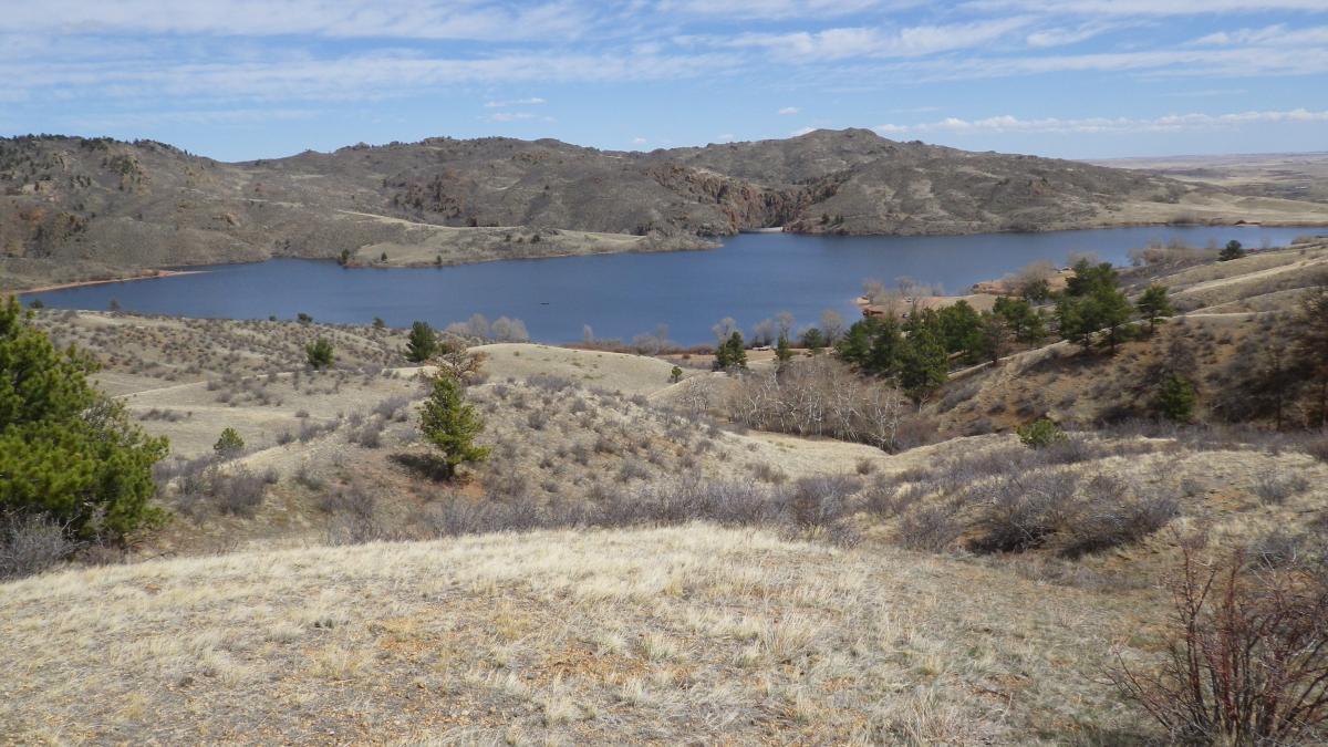 A scenic view of a lake surrounded by rolling hills and sparse vegetation. The landscape features a mix of grass, shrubs, and a few scattered trees, with rocky hills in the background under a clear blue sky. The calm water reflects the surrounding natural features, creating a tranquil atmosphere. Curt Gowdy State Park mountain bike trail.