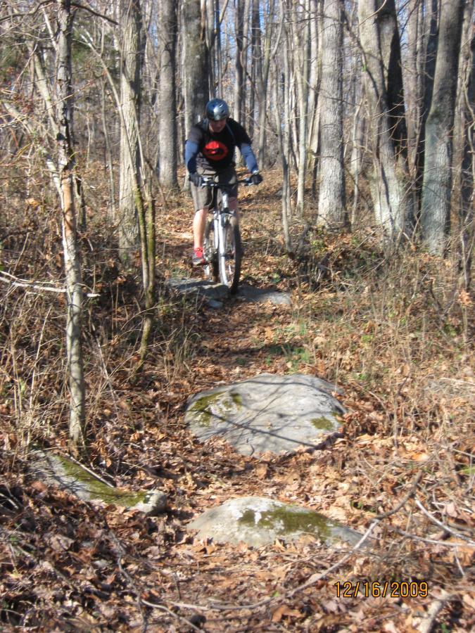 A mountain biker navigating a rocky trail through a wooded area with bare trees and fallen leaves. The rider is wearing a helmet and dark clothing, focused on maneuvering over large stones on the path. Sugar Hollow Park mountain bike trail.