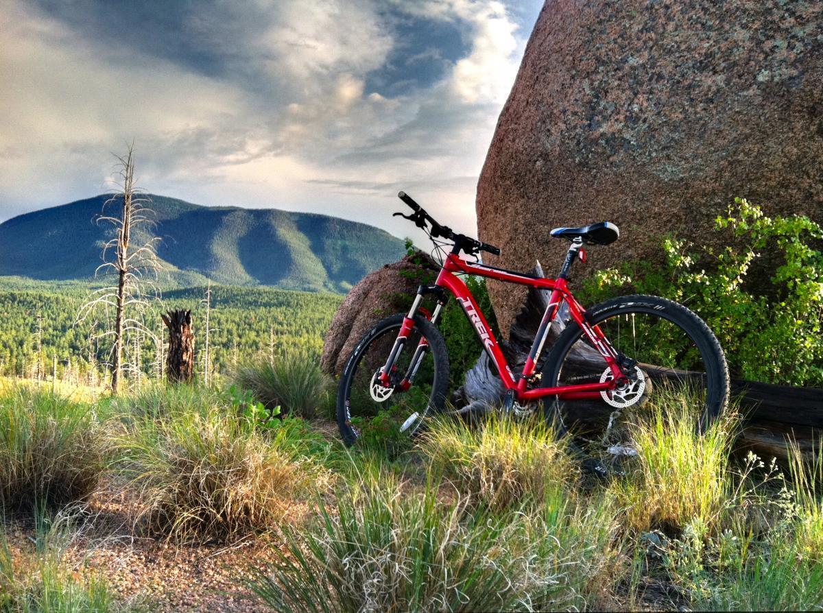 A red mountain bike leaning against a large rock in a grassy area, with a backdrop of mountains and a cloudy sky. Morrison / Shinglemill Creek mountain bike trail.
