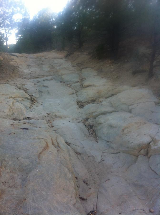 A rocky hiking trail with a steep incline, surrounded by sparse trees and uneven terrain. The ground is made up of large, smooth stones and patches of dirt, showing signs of erosion. Ute Valley Park mountain bike trail.