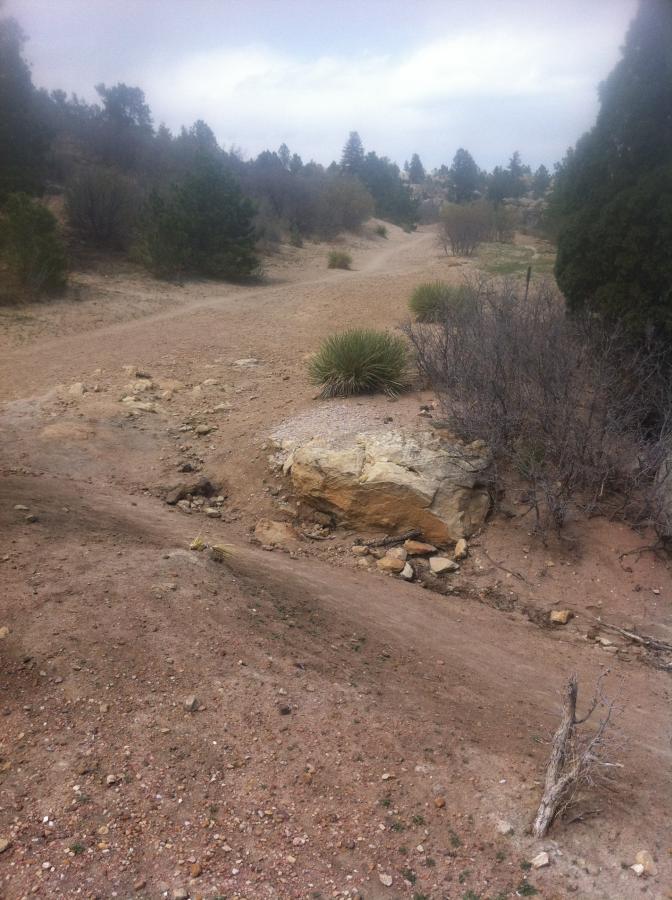A barren landscape featuring a sandy path winding through sparse vegetation and rocky terrain, with low shrubs and scattered rocks. The sky is overcast, adding a moody atmosphere to the scene. Ute Valley Park mountain bike trail.