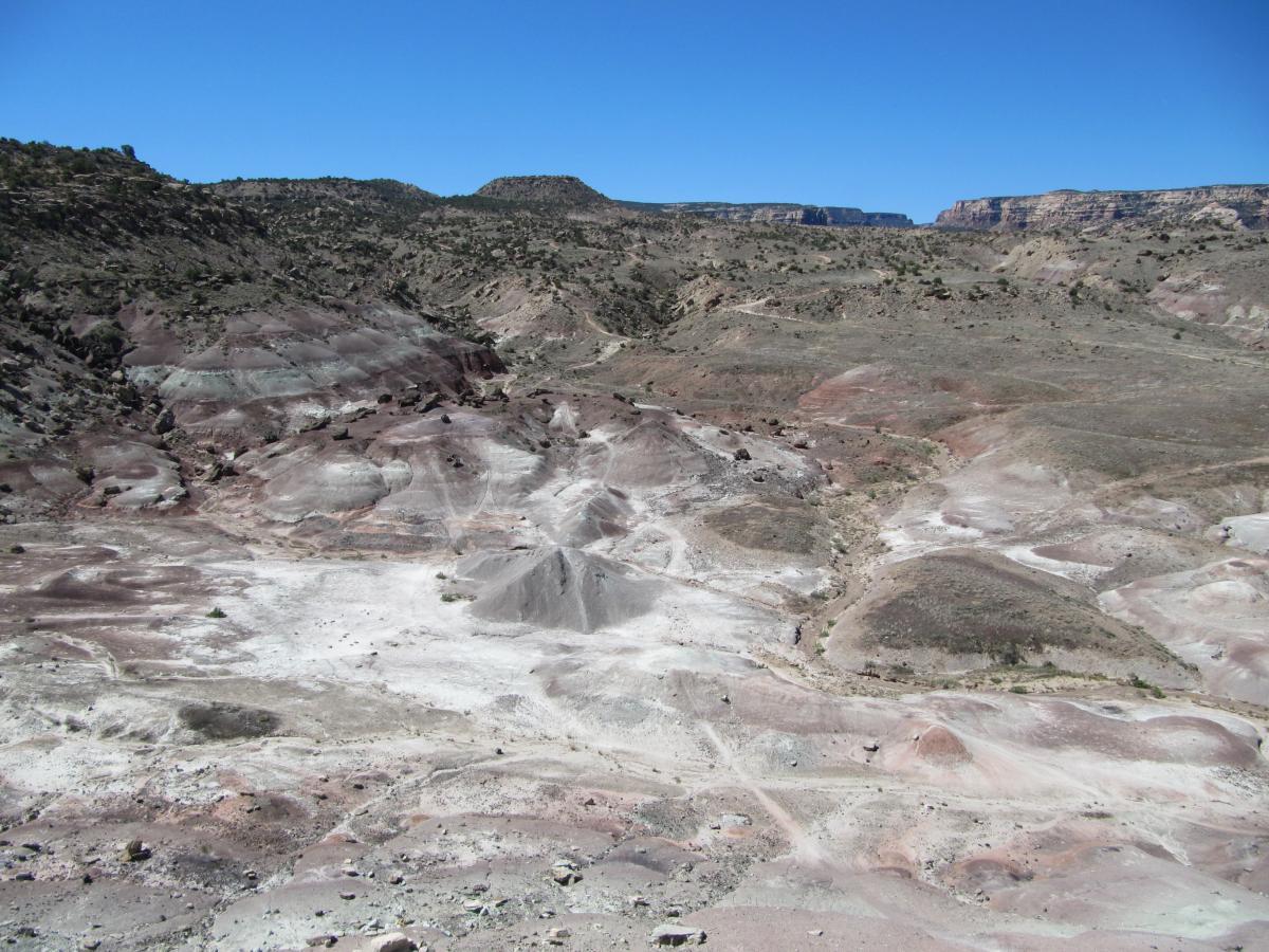 A vast and arid landscape featuring rolling hills and rocky formations in various shades of brown, gray, and red. The ground is mostly dry, with patches of lighter soil visible amidst the colorful terrain. In the background, the land rises into higher cliffs under a clear blue sky. The scene conveys a sense of desolation and the natural beauty of the rugged outdoors. Gunny Loop mountain bike trail.