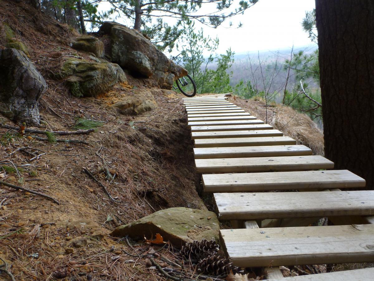 A wooden plank walkway winding along a steep, wooded slope, surrounded by pine trees and rocky outcrops. The path is elevated, leading towards a scenic viewpoint in the distance. Pine needles and scattered rocks are visible along the ground, creating a natural outdoor setting. Levis Mounds mountain bike trail.