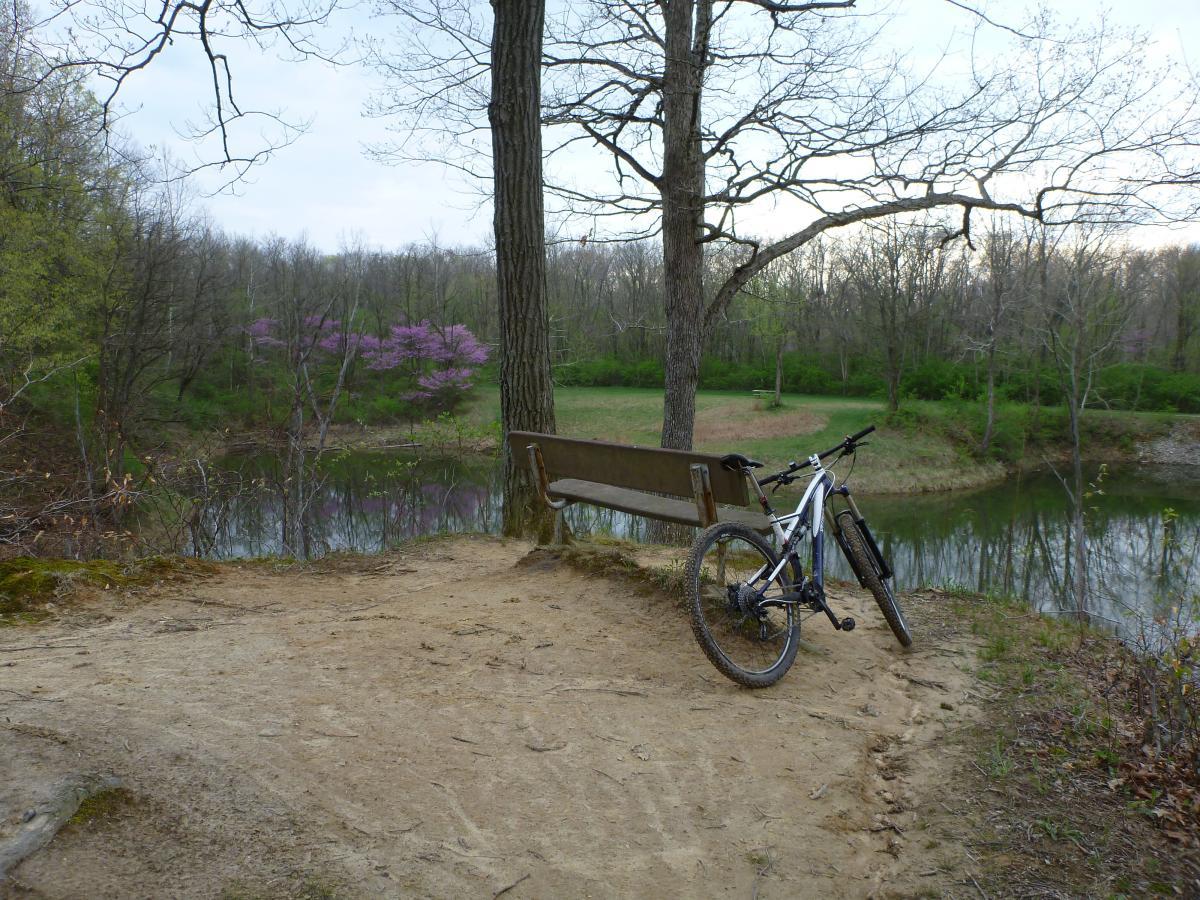 A mountain bike rests against a wooden bench along a dirt path near a peaceful pond, surrounded by trees and blooming pink flowers in the background. The scene captures a serene outdoor environment suitable for cycling and relaxation. Kickapoo mountain bike trail.