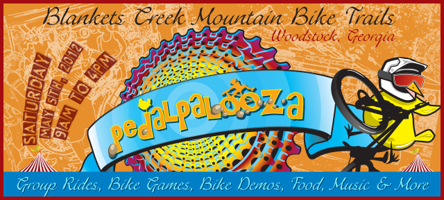 An event poster for "Pedalpalooza" at Blankets Creek Mountain Bike Trails in Woodstock, Georgia. The vibrant design features a colorful background with a bicycle gear graphic and playful text. The event is scheduled for Saturday, May 5th, 2012, from 9 AM to 4 PM, highlighting group rides, bike games, demos, food, music, and more.