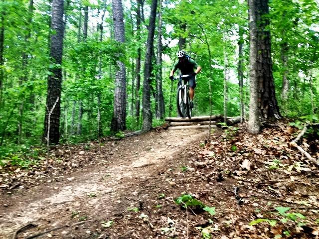 A mountain biker jumping off a wooden ramp on a dirt trail surrounded by trees in a forested area. Blankets Creek mountain bike trail.