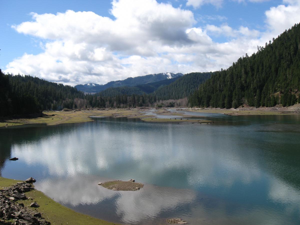 A serene landscape featuring a tranquil lake surrounded by lush green forests and distant mountains. The sky is partly cloudy, with reflections of the clouds visible in the calm water. The shore includes patches of exposed land and small rocks, enhancing the peacefulness of the natural setting. Middle Fork Trail mountain bike trail.